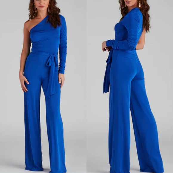 cameo Pants - Cameo Royal Blue One Shoulder Jumpsuit